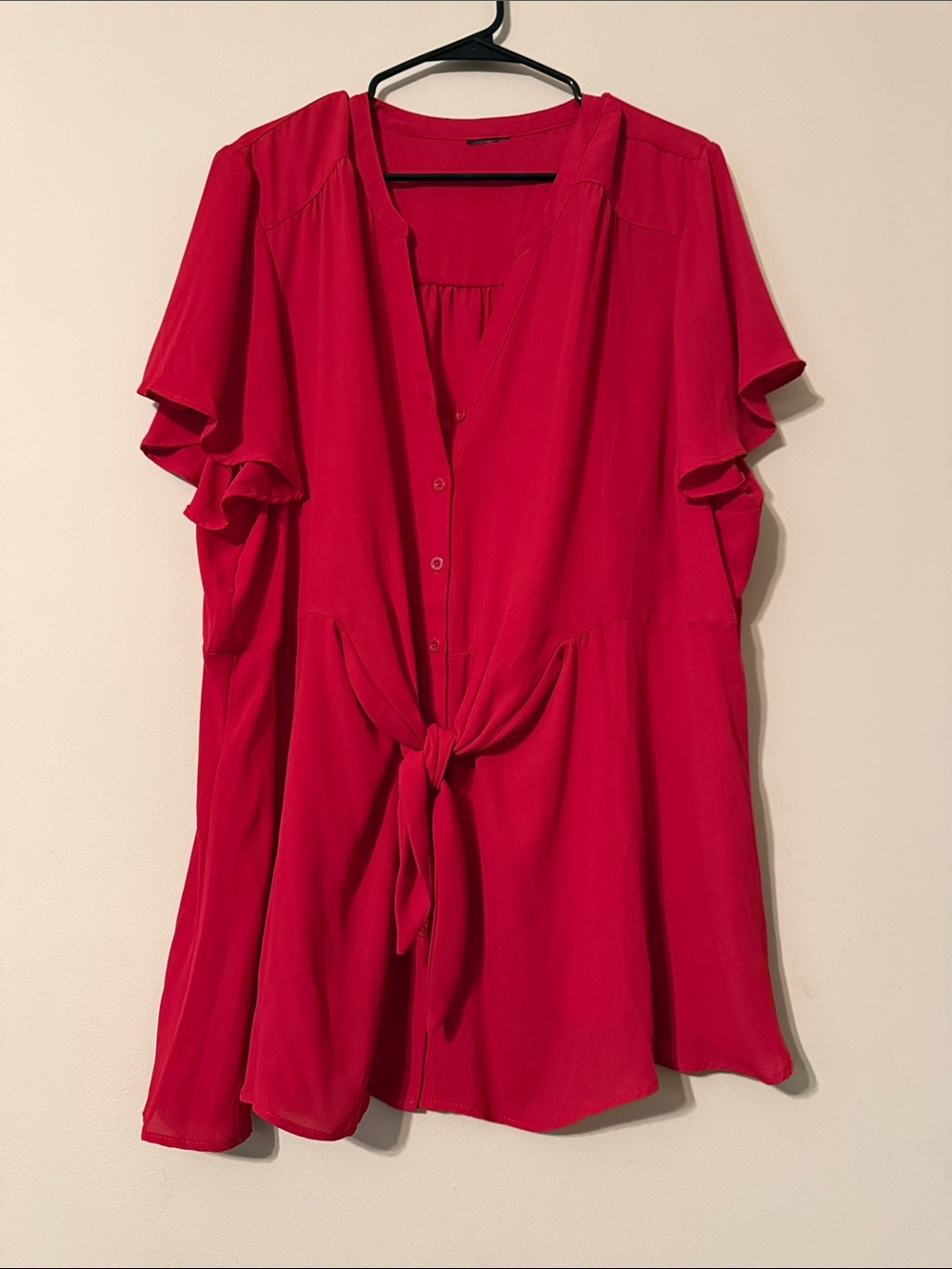 Red Button-Front Tie Waist Georgette Women's Top